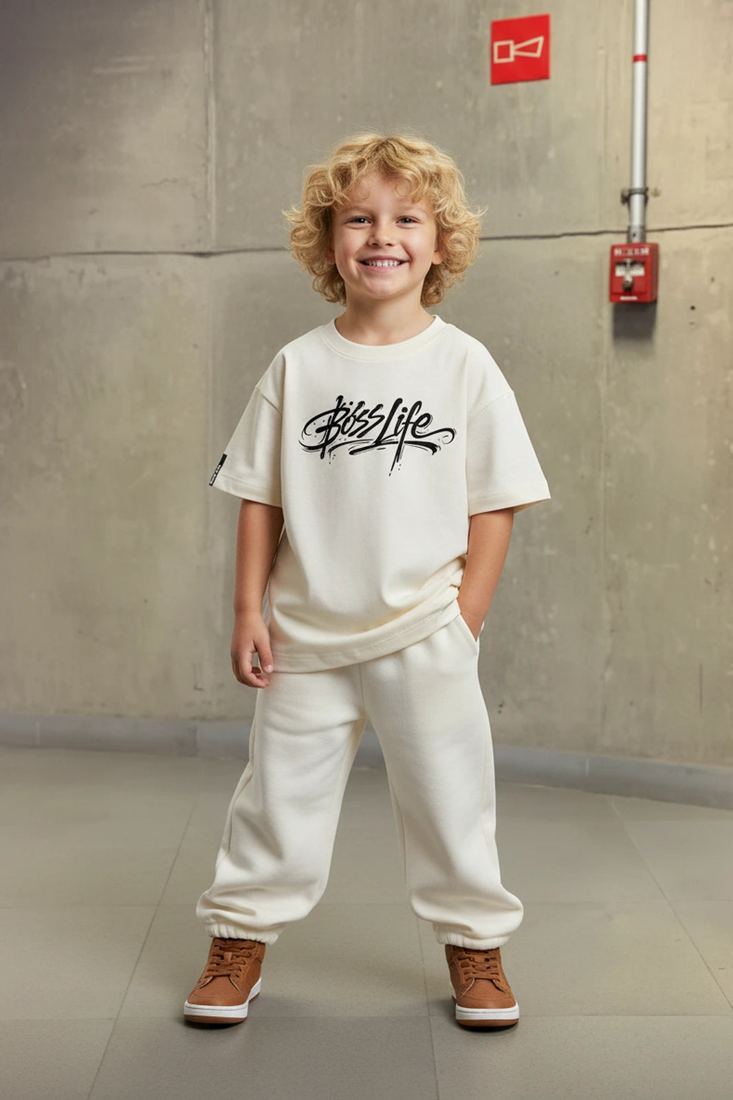 Camiseta Oversized Infantil Signature Boss Life off white - frente com assinatura Boss Life