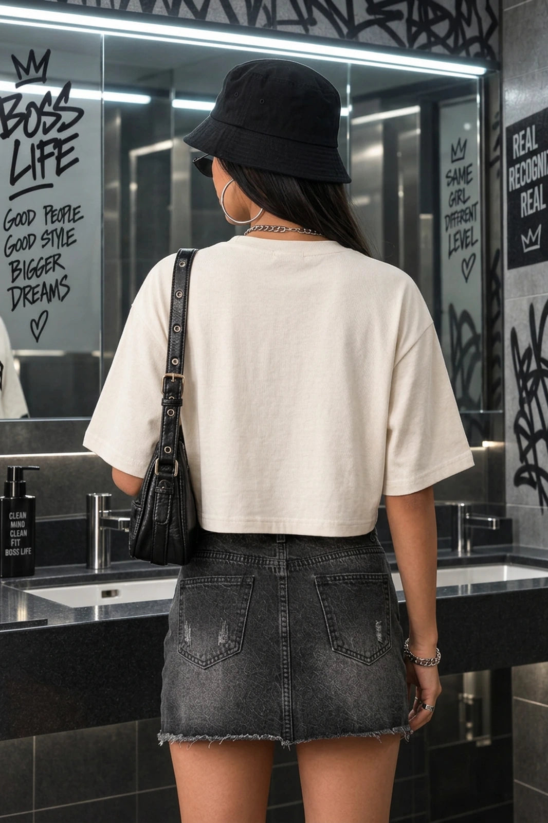 Camiseta cropped over feminina Tigre Apparel 07 Boss Life off white, costas na modelo