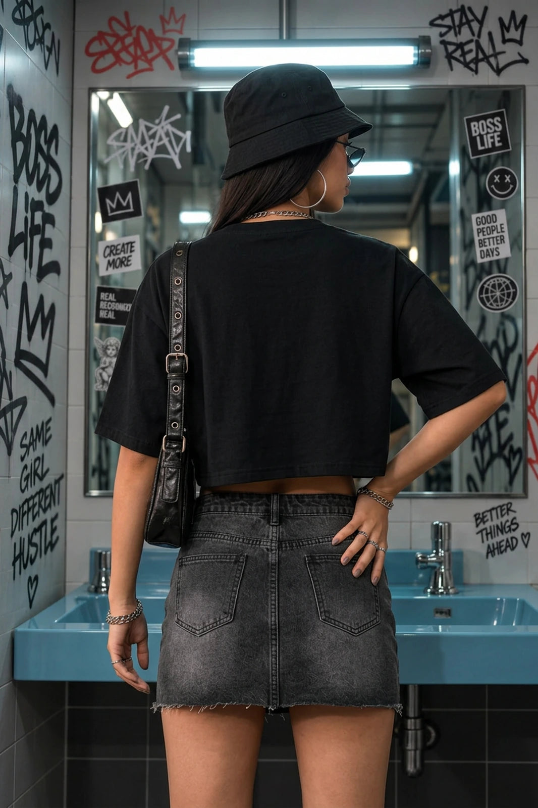 Camiseta cropped over feminina Tigre Apparel 07 Boss Life preta, costas na modelo