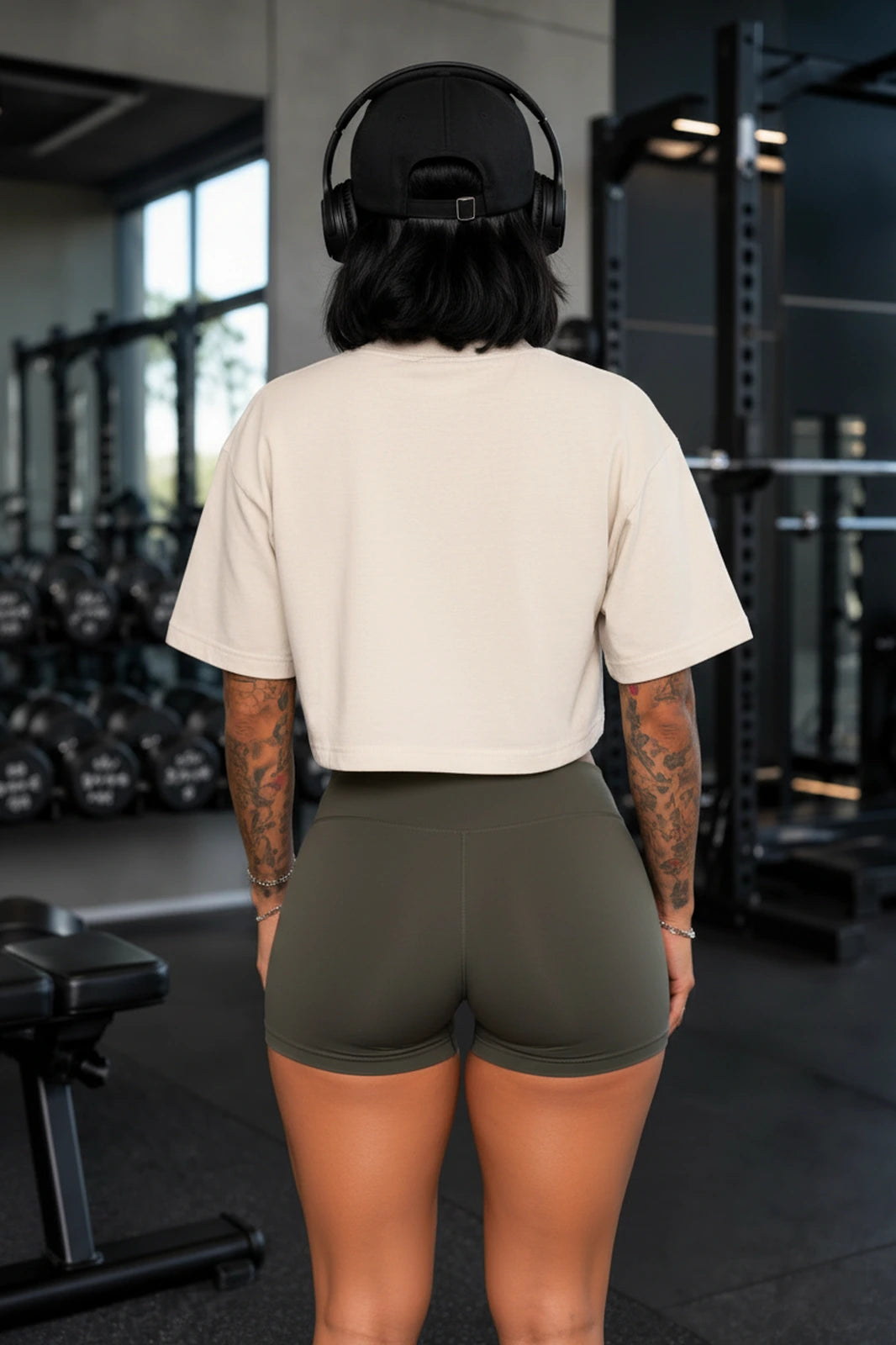 Camiseta cropped over feminina Wild Cutie Boss Life off white, costas na modelo