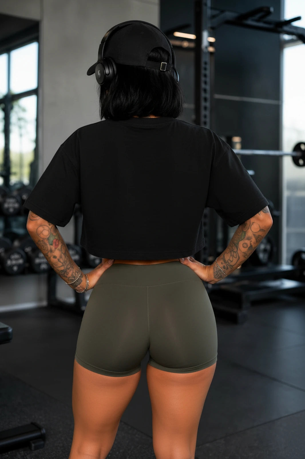 Camiseta cropped over feminina Wild Cutie Boss Life preta, costas na modelo