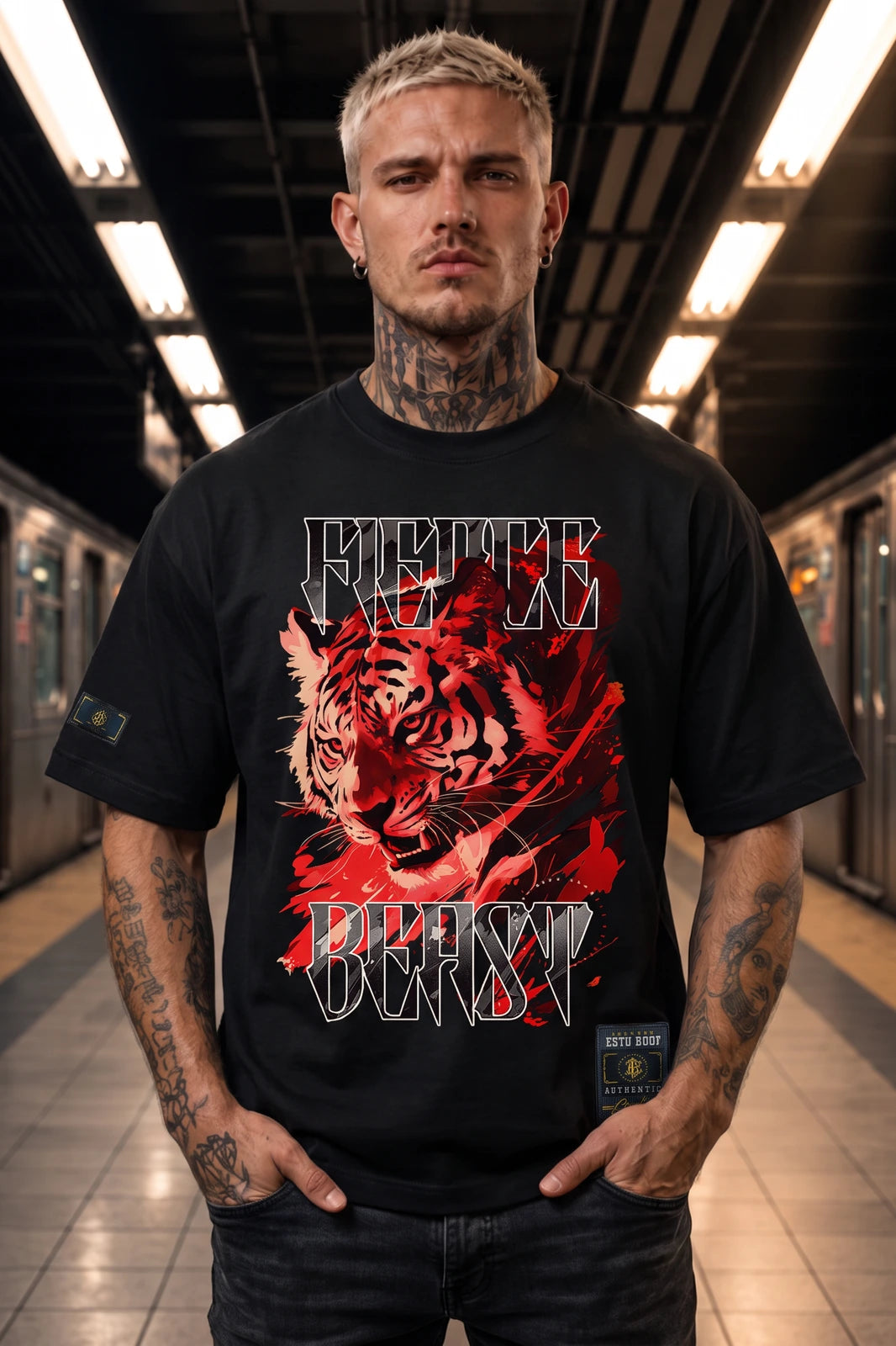 Camiseta Oversized Fierce Beast Boss Life - frente preta com tigre