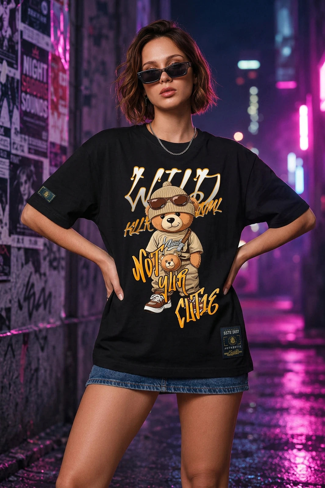 Camiseta oversized feminina Wild Bear 2 Boss Life preta - frente
