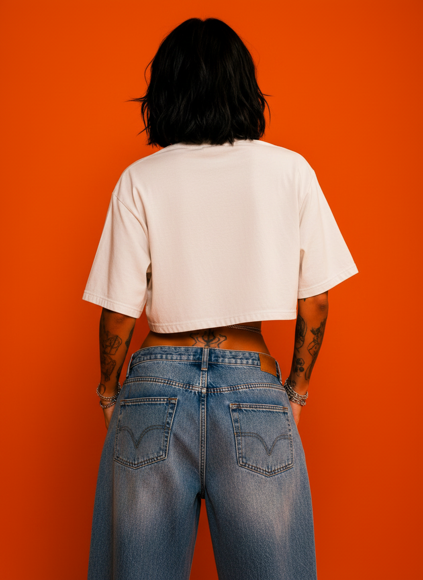 Camiseta cropped over feminina Caligrafia Boss Life off white, costas