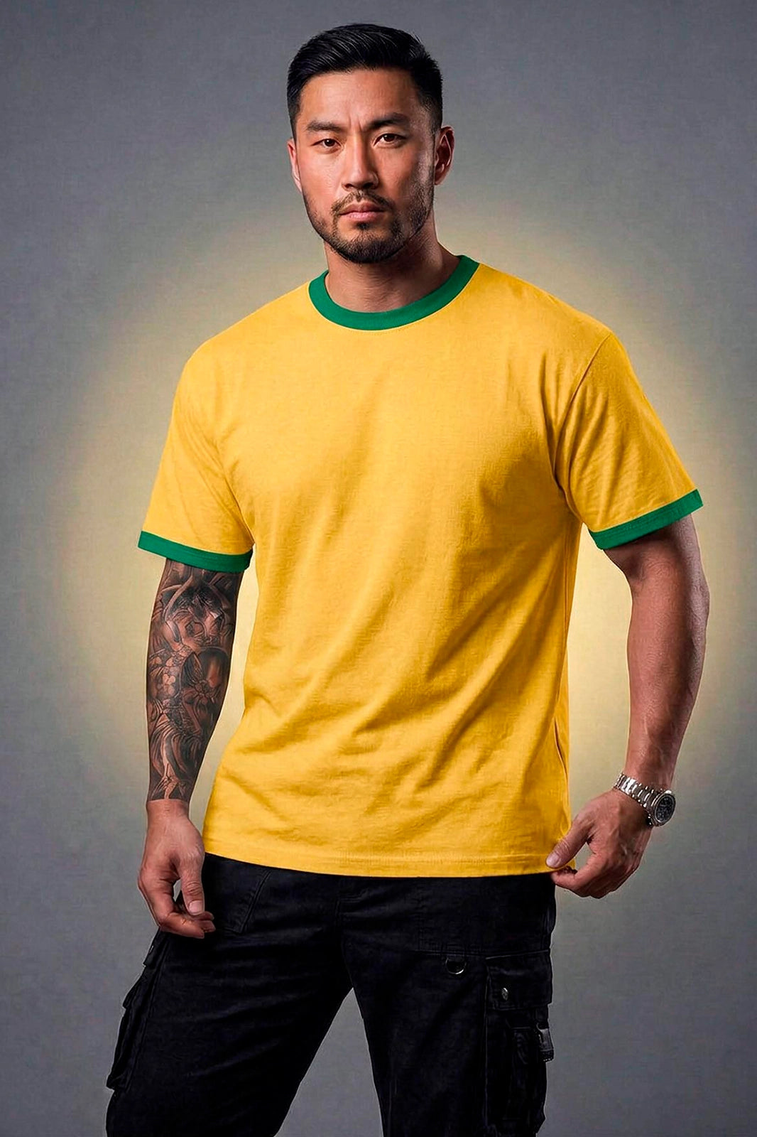 Camiseta do Brasil Boss Life amarela com gola e punhos verdes, vista frontal