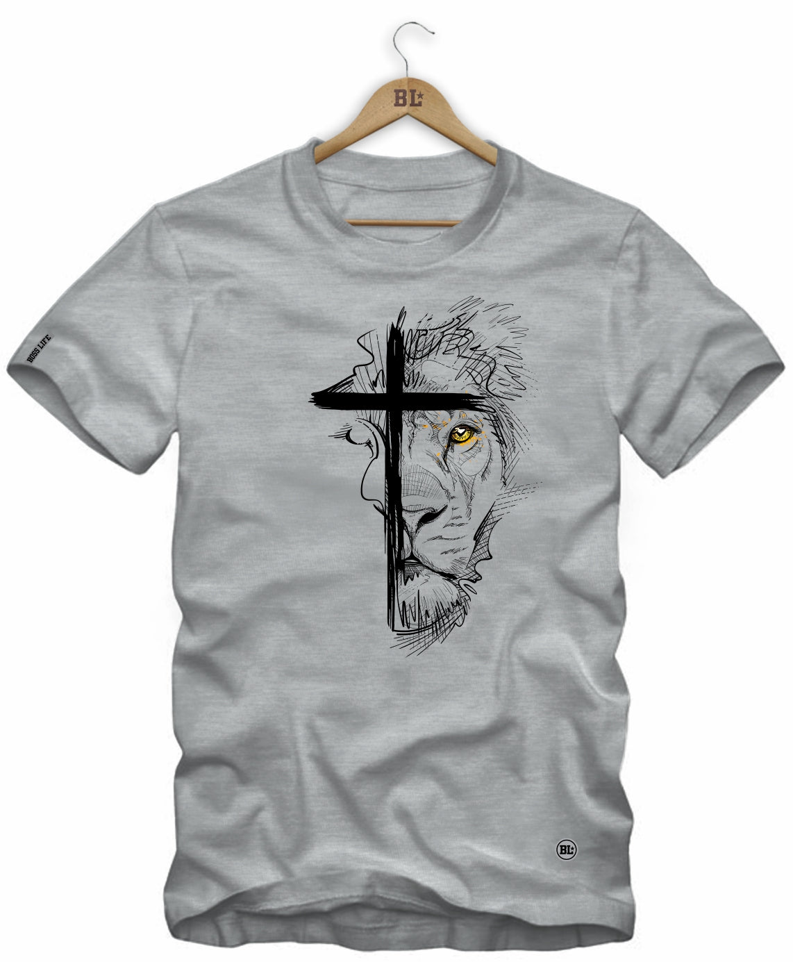 Camiseta Lion Cross Boss Life, cor Cinza Mescla, vista frontal