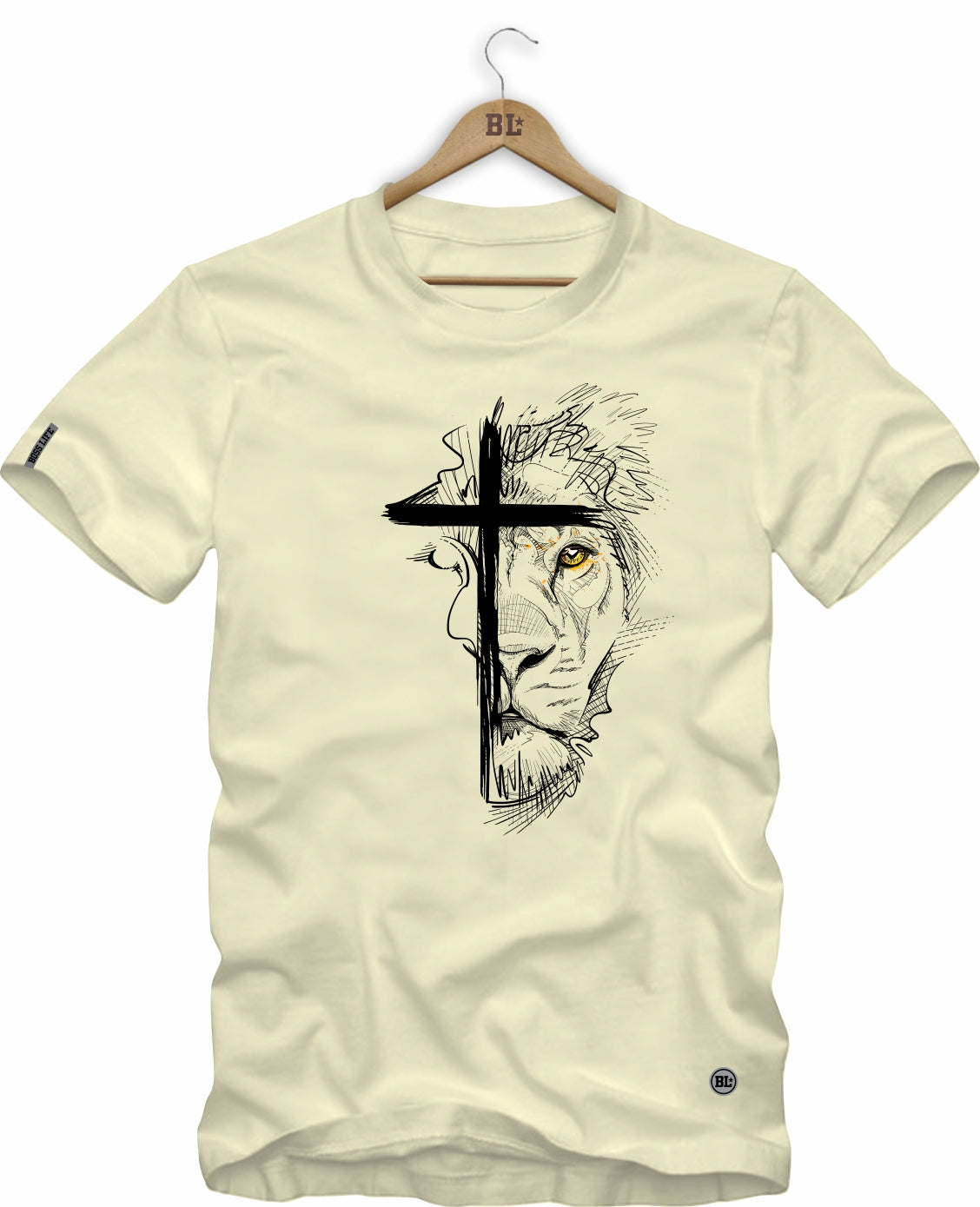 Camiseta Lion Cross Boss Life, cor Off White, vista frontal