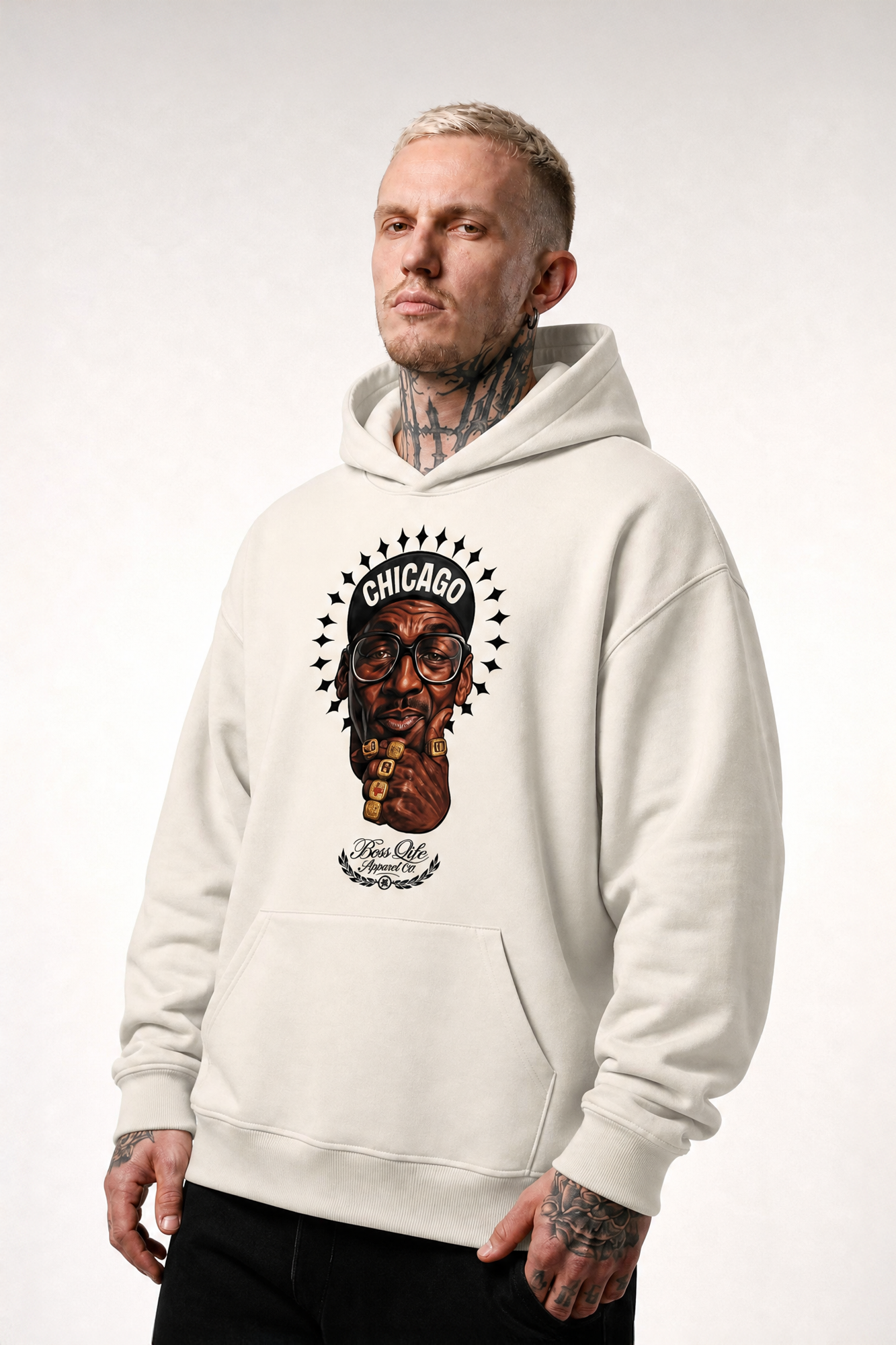 Moletom Chicago Boss Life Off White — frente com estampa Chicago