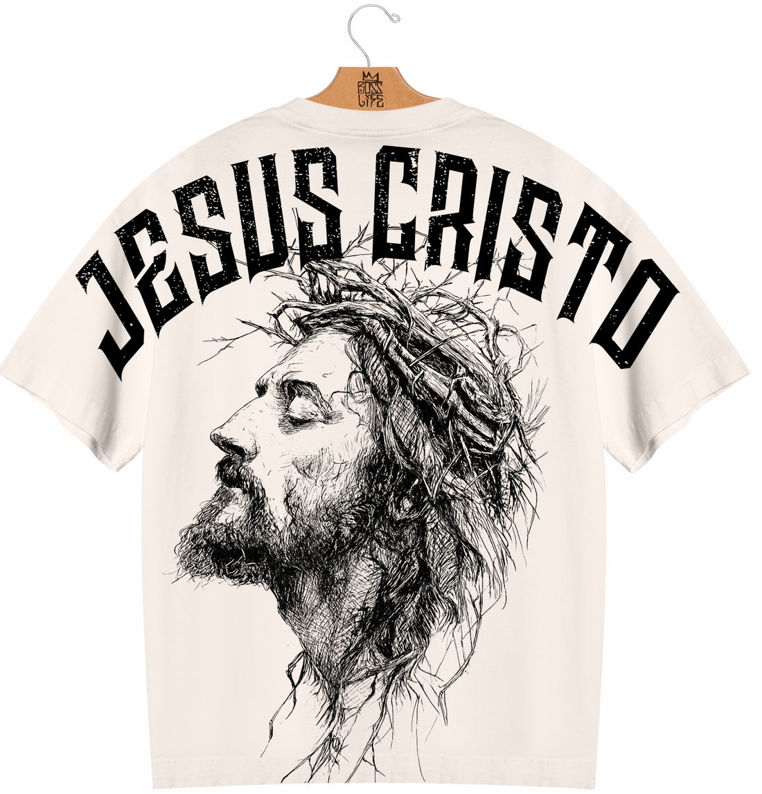 Camiseta Oversized Jesus Cristo Boss Life Faith - costas Off White com retrato sketch de Jesus Cristo e tipografia gótica