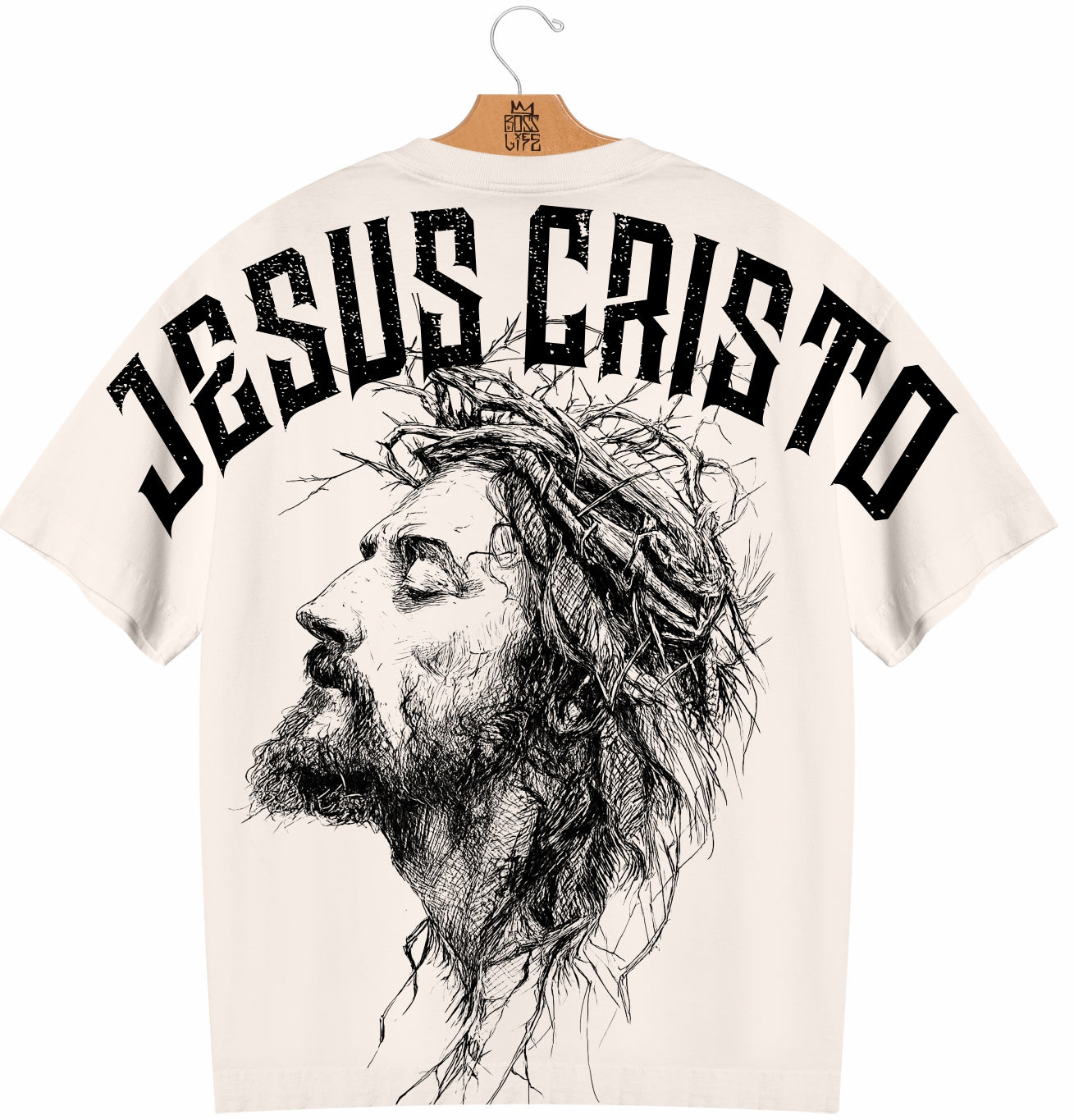 Camiseta Oversized Jesus Cristo Boss Life Faith - costas Off White com retrato sketch de Jesus Cristo e tipografia gótica