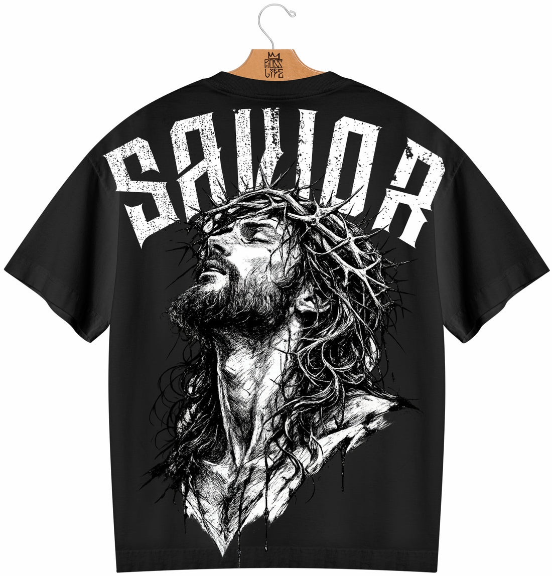 Camiseta Oversized Savior Boss Life Faith - costas Preto com retrato sketch de Jesus com coroa de espinhos e inscrição SAVIOR