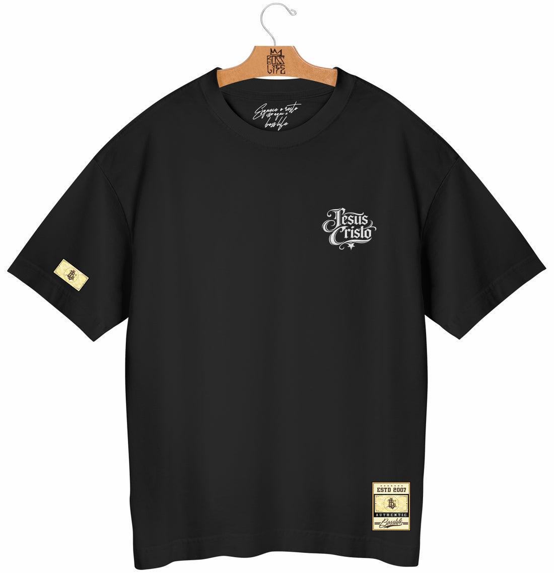 Camiseta Oversized Savior Boss Life Faith - costas Preto com retrato sketch de Jesus com coroa de espinhos e inscrição SAVIOR
