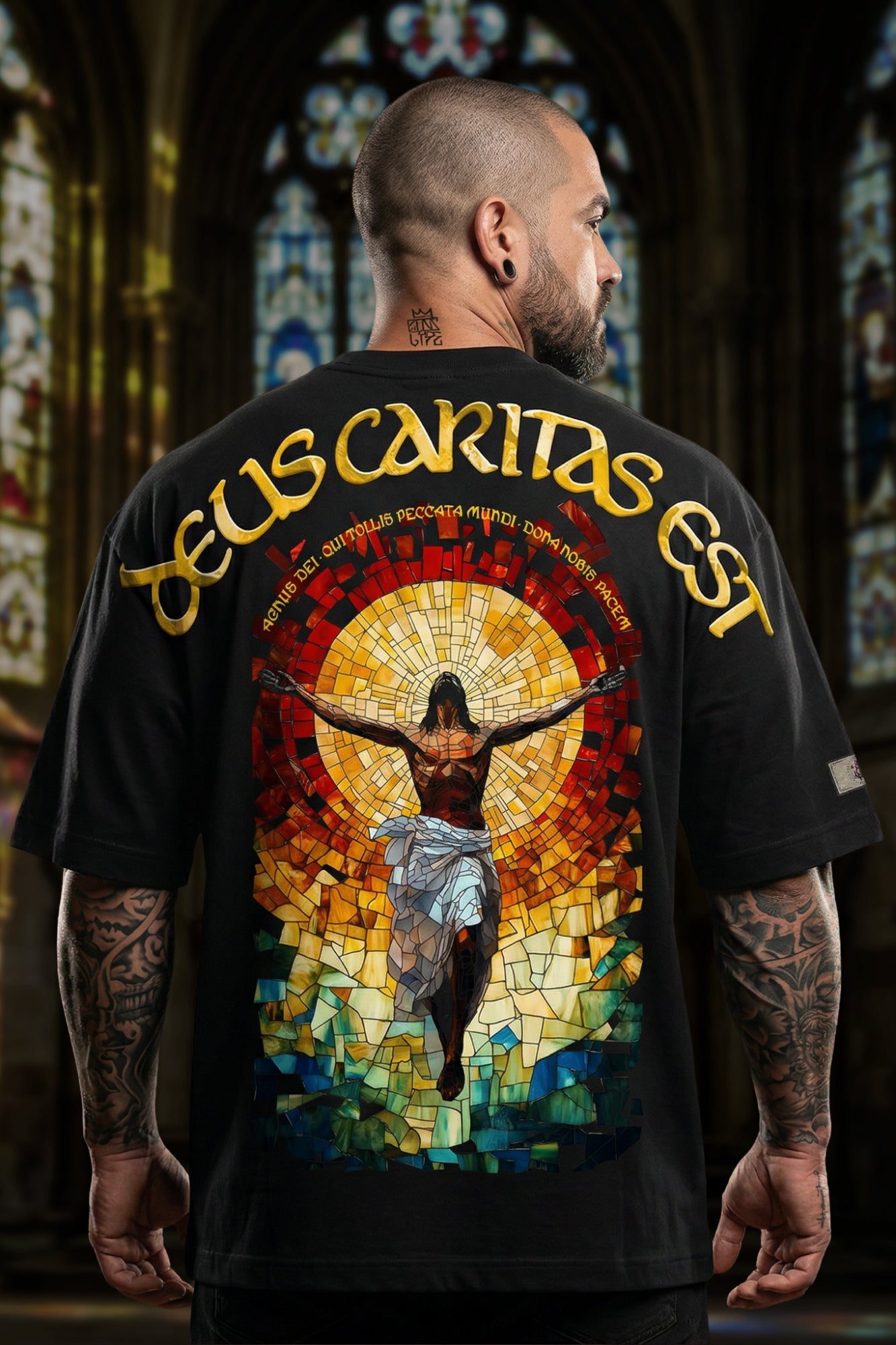 Camiseta Oversized Deus Caritas Est Boss Life Faith Frente e Costas