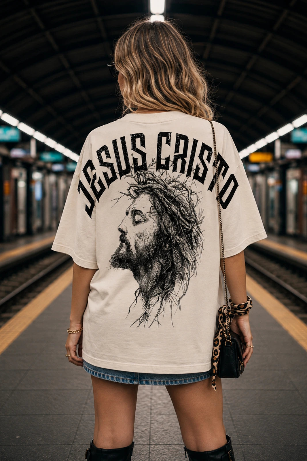Camiseta oversized feminina Jesus Cristo Boss Life off white - costas