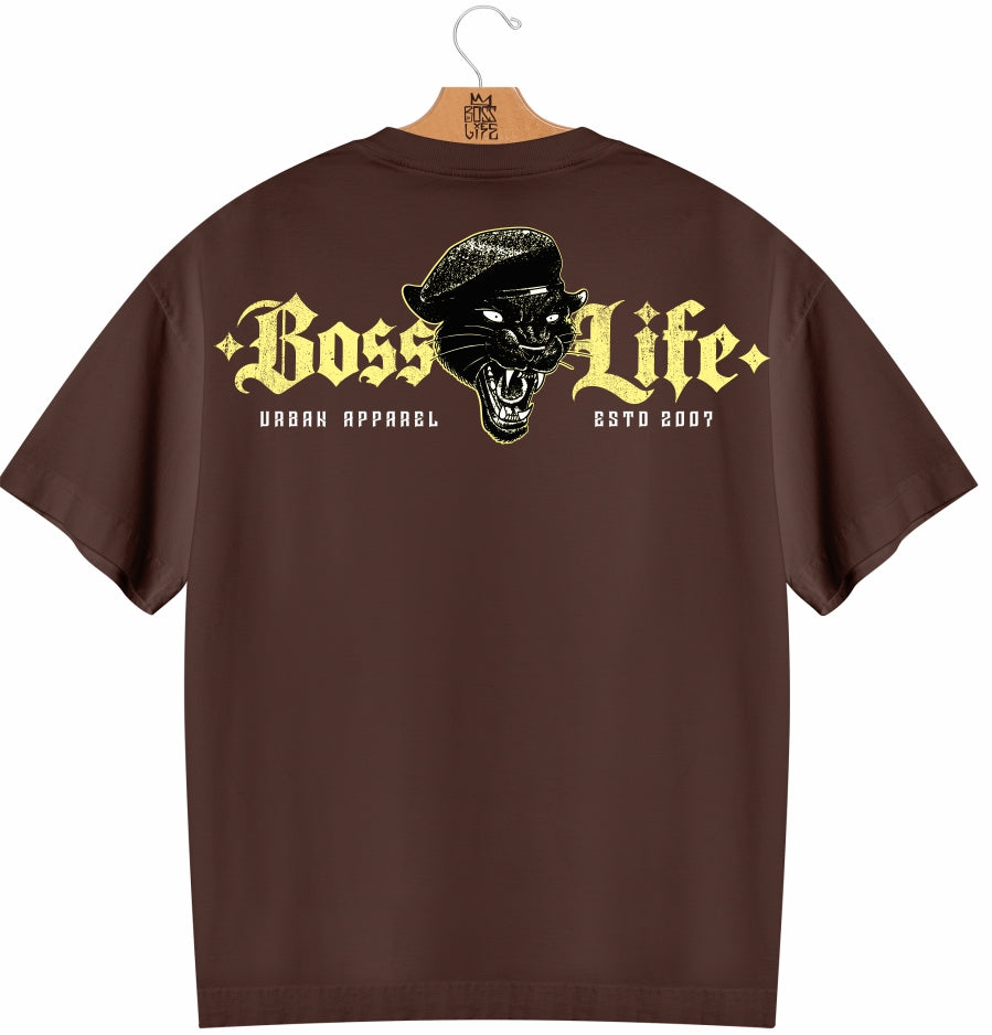 Camiseta Oversized Panther Urban Boss Life café - costas com pantera e lettering dourado
