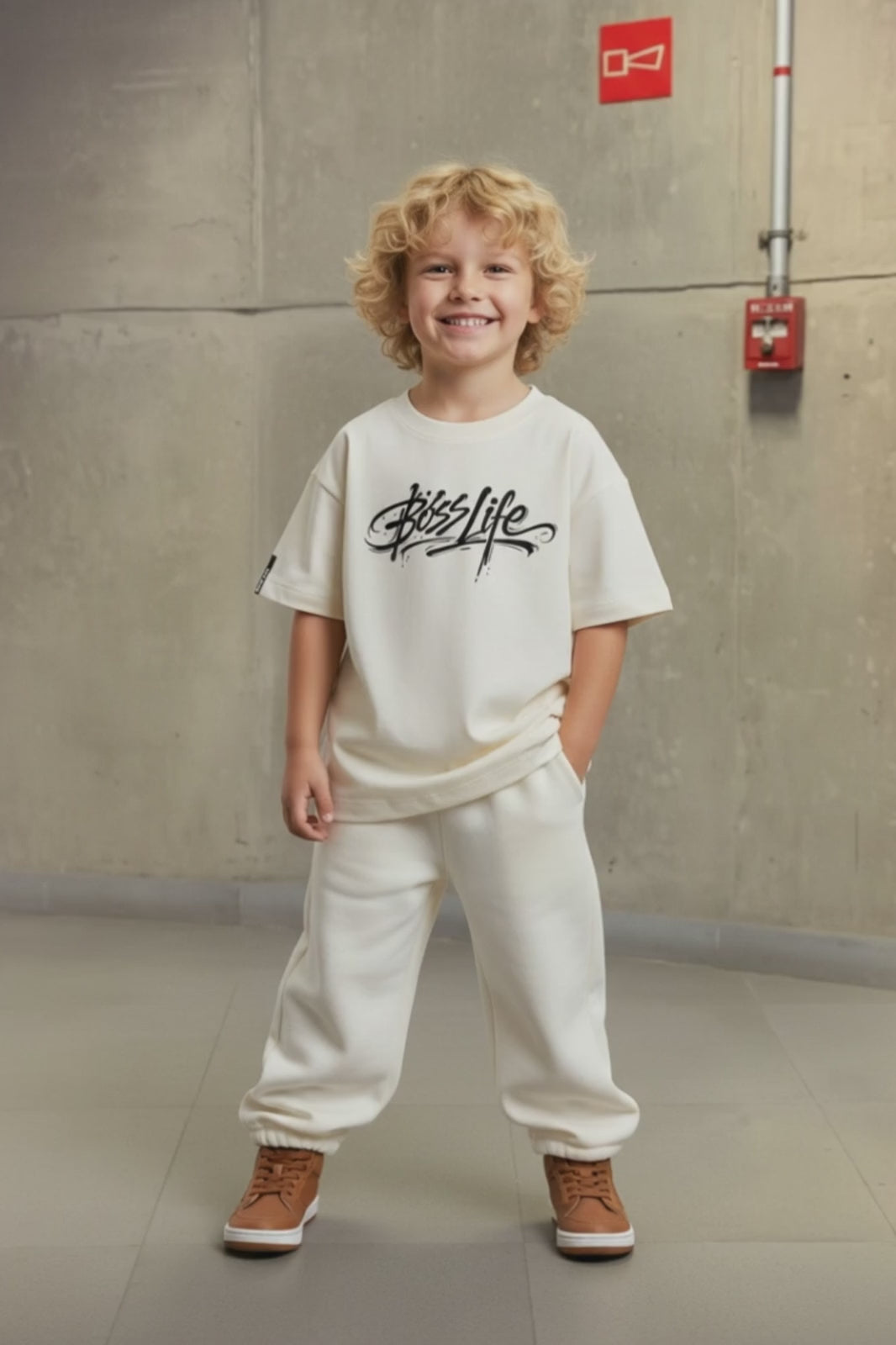 Vídeo da Camiseta Oversized Infantil Signature Boss Life off white em uso