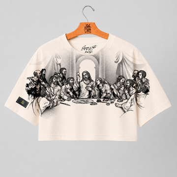 Camiseta cropped over feminina Santa Ceia Boss Life off white, frente