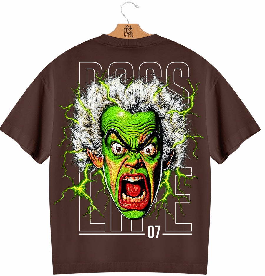 Camiseta Oversized Shock 07 Frente e Costas Boss Life café - costas com estampa completa e raios verdes