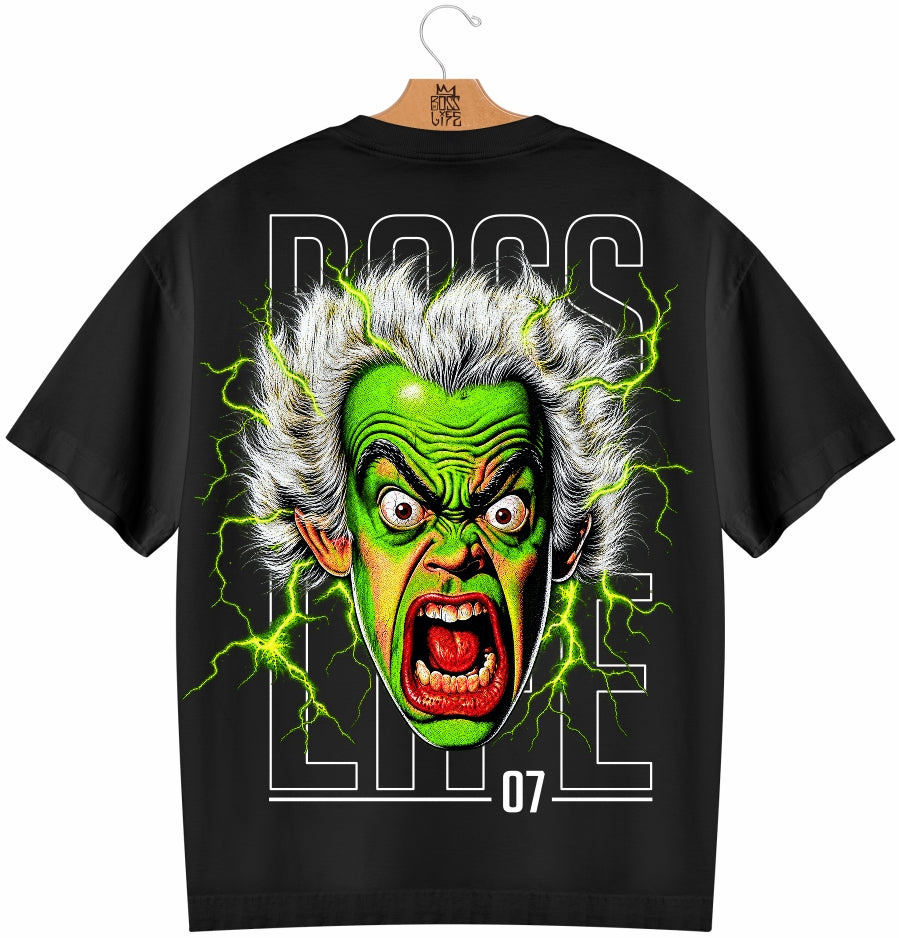 Camiseta Oversized Shock 07 Frente e Costas Boss Life preta - costas com estampa completa e raios verdes