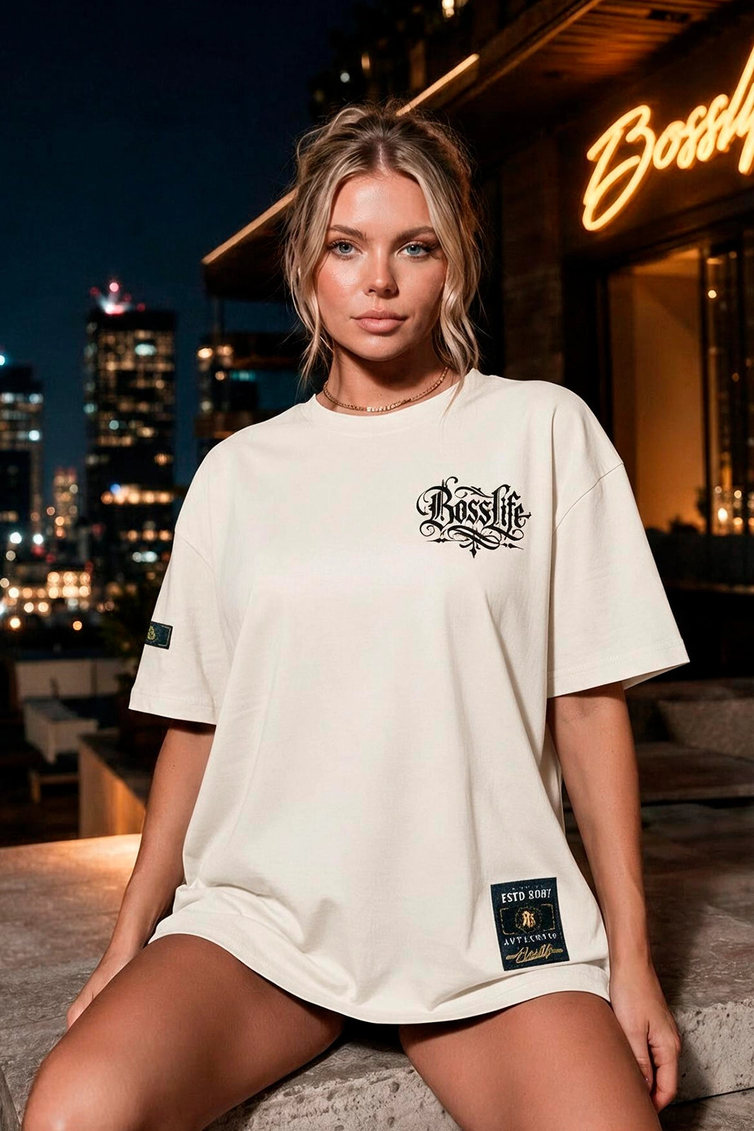 Camiseta oversized feminina Tetelestai Boss Life off white - frente