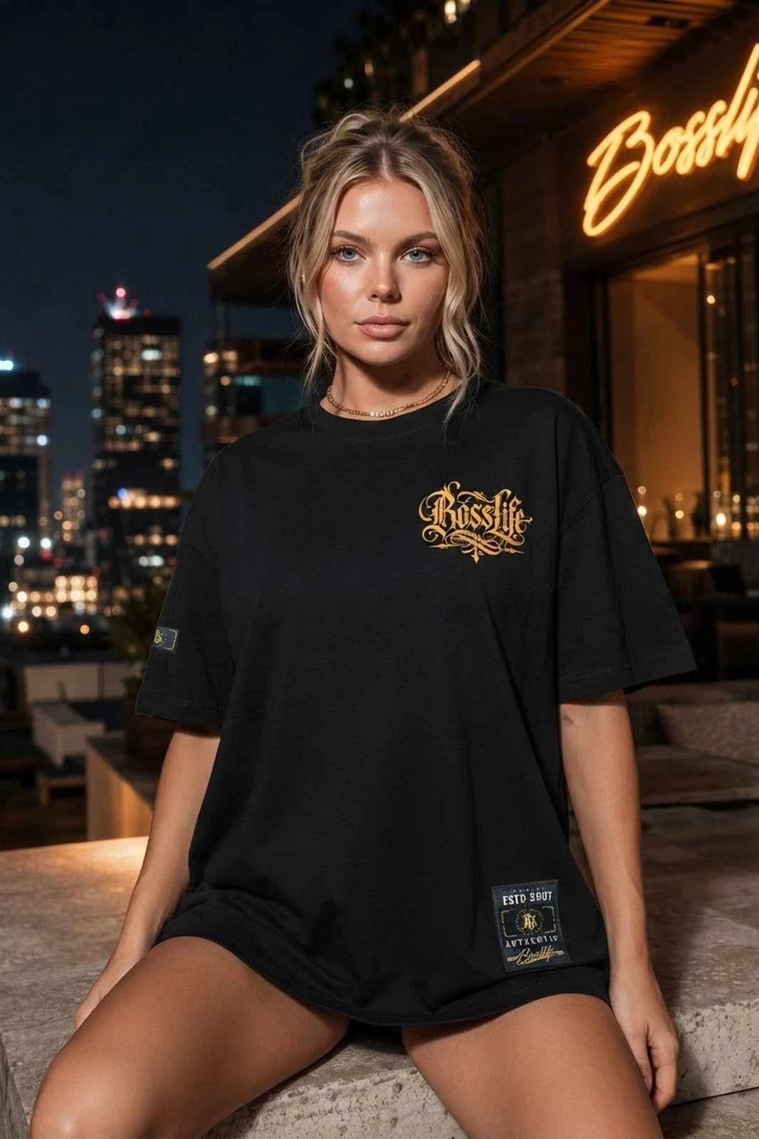 Camiseta oversized feminina Tetelestai Boss Life preta - frente