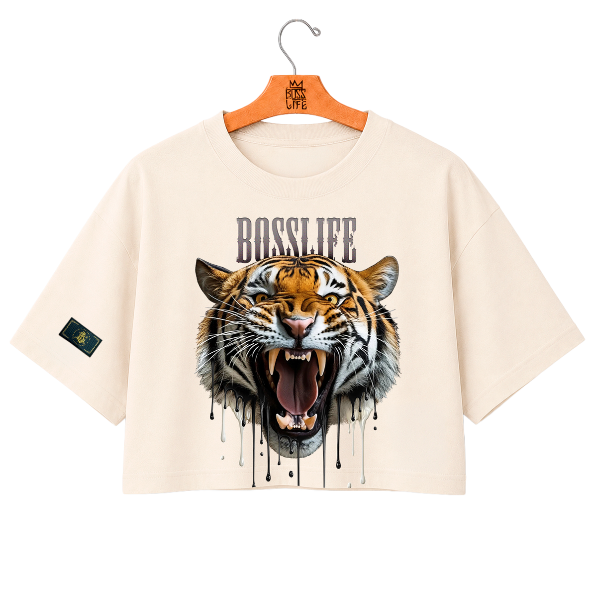 Camiseta cropped over feminina Tigre Boss Life off white, frente