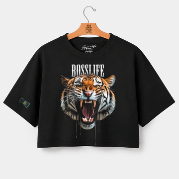 Camiseta cropped over feminina Tigre Boss Life preta, frente
