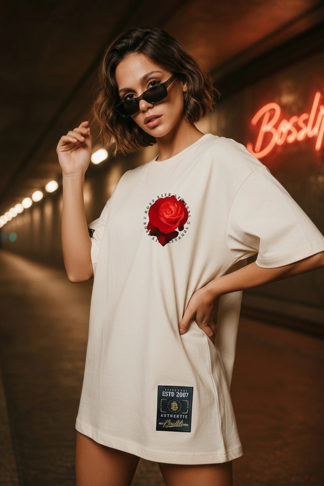 Camiseta oversized feminina Trust and Believe Boss Life off white - frente