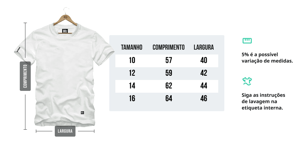 Tabela de medidas - Camiseta Juvenil