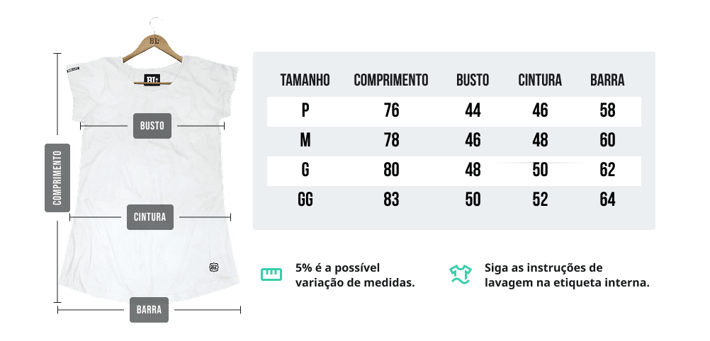 Tabela de medidas - Camiseta Long Feminina