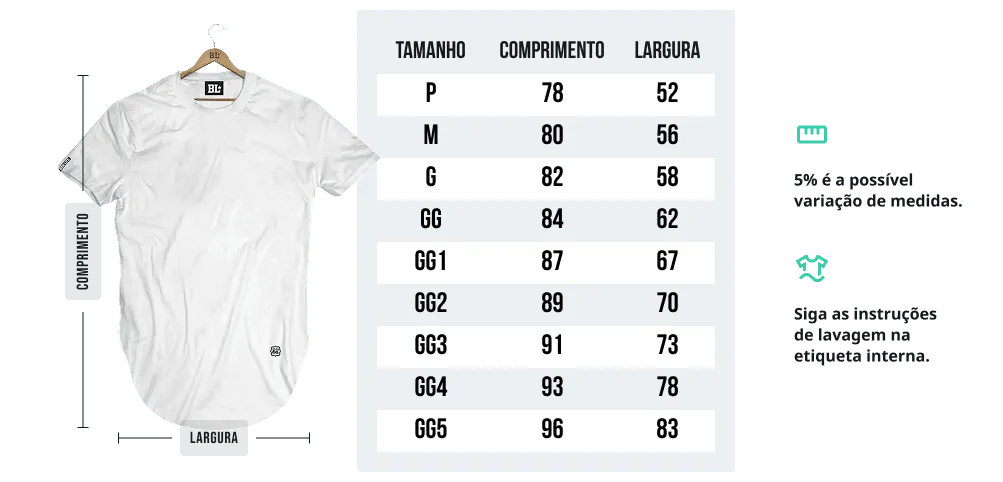 Tabela de medidas - Camiseta Longline