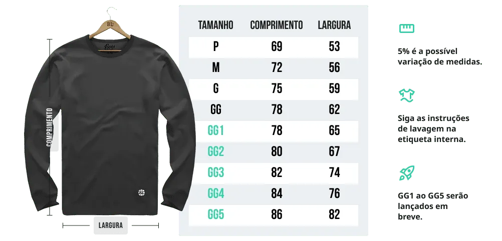Tabela de medidas - Camiseta Manga Longa