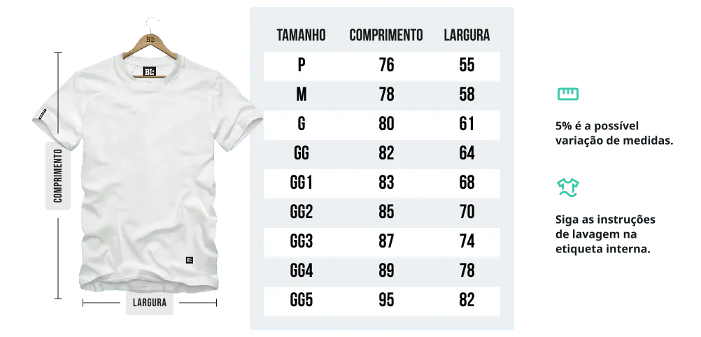 Tabela de medidas - Camiseta Tradicional