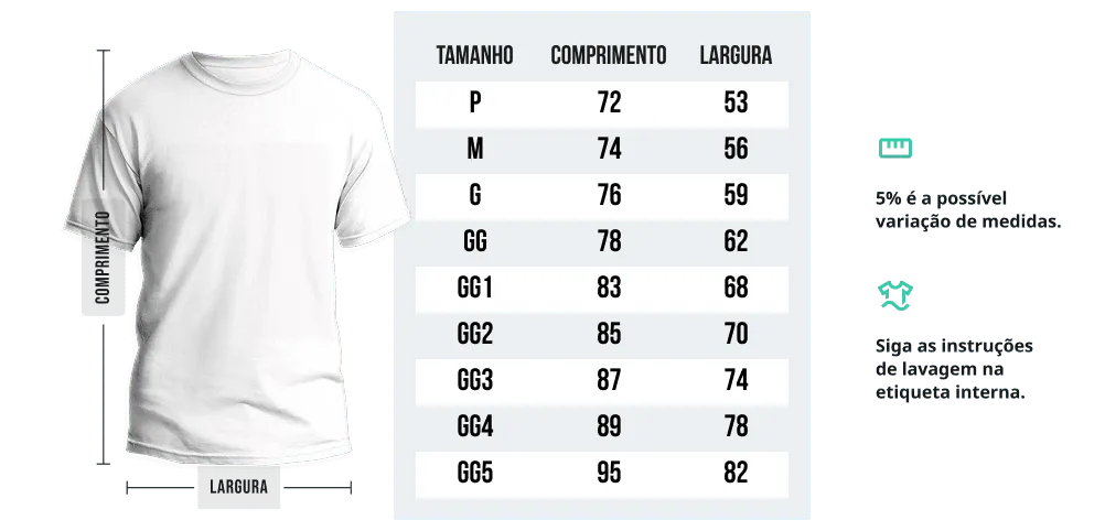 Tabela de medidas - Camiseta Confort