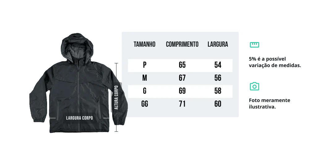 Tabela de medidas - Jaqueta Corta-Vento