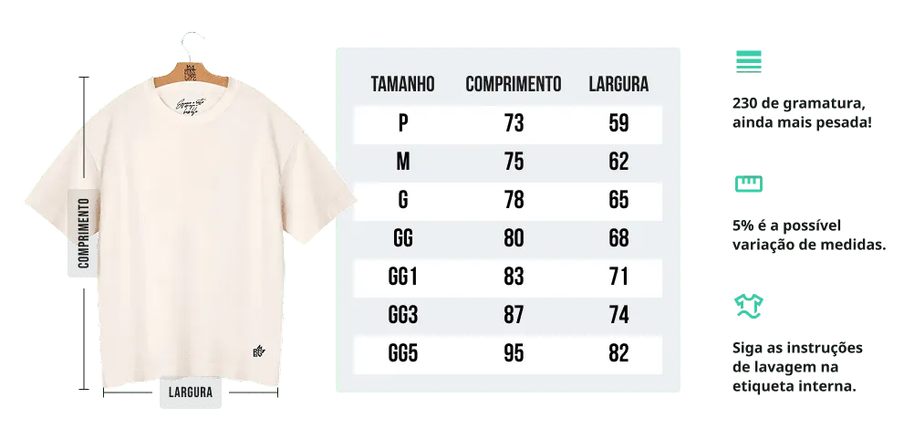Tabela de medidas - Camiseta Oversized