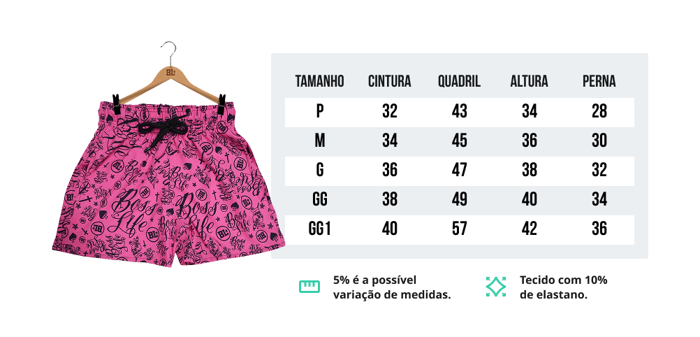 Tabela de medidas - Swim Shorts (modelo Boyfriend)